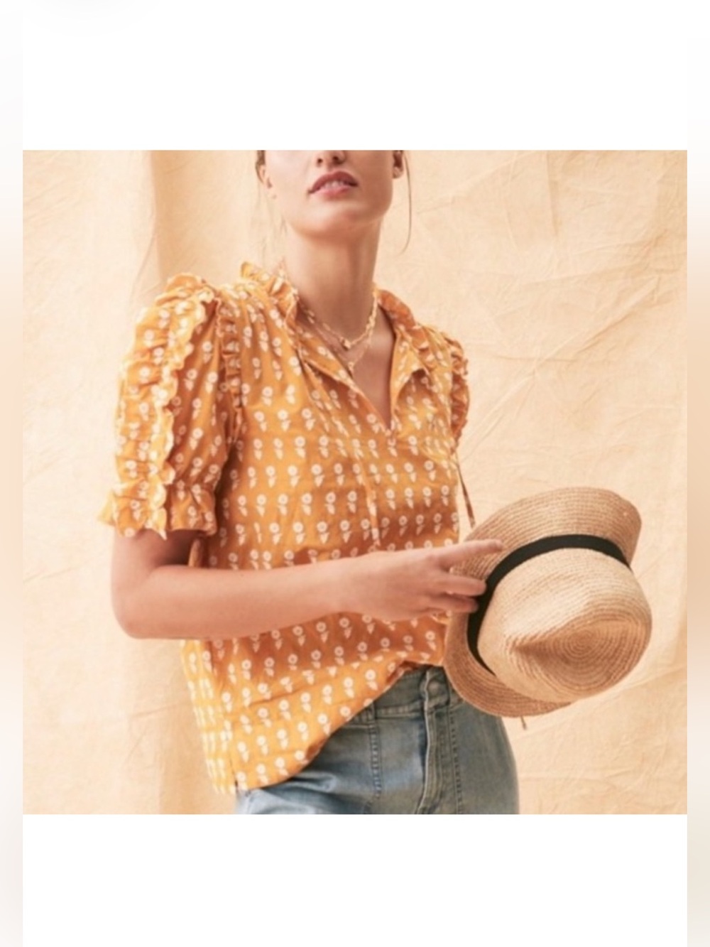 J.Crew Ruffle-Sleeve Cotton Voile Top in Yellow Floating Sunflowers Large
